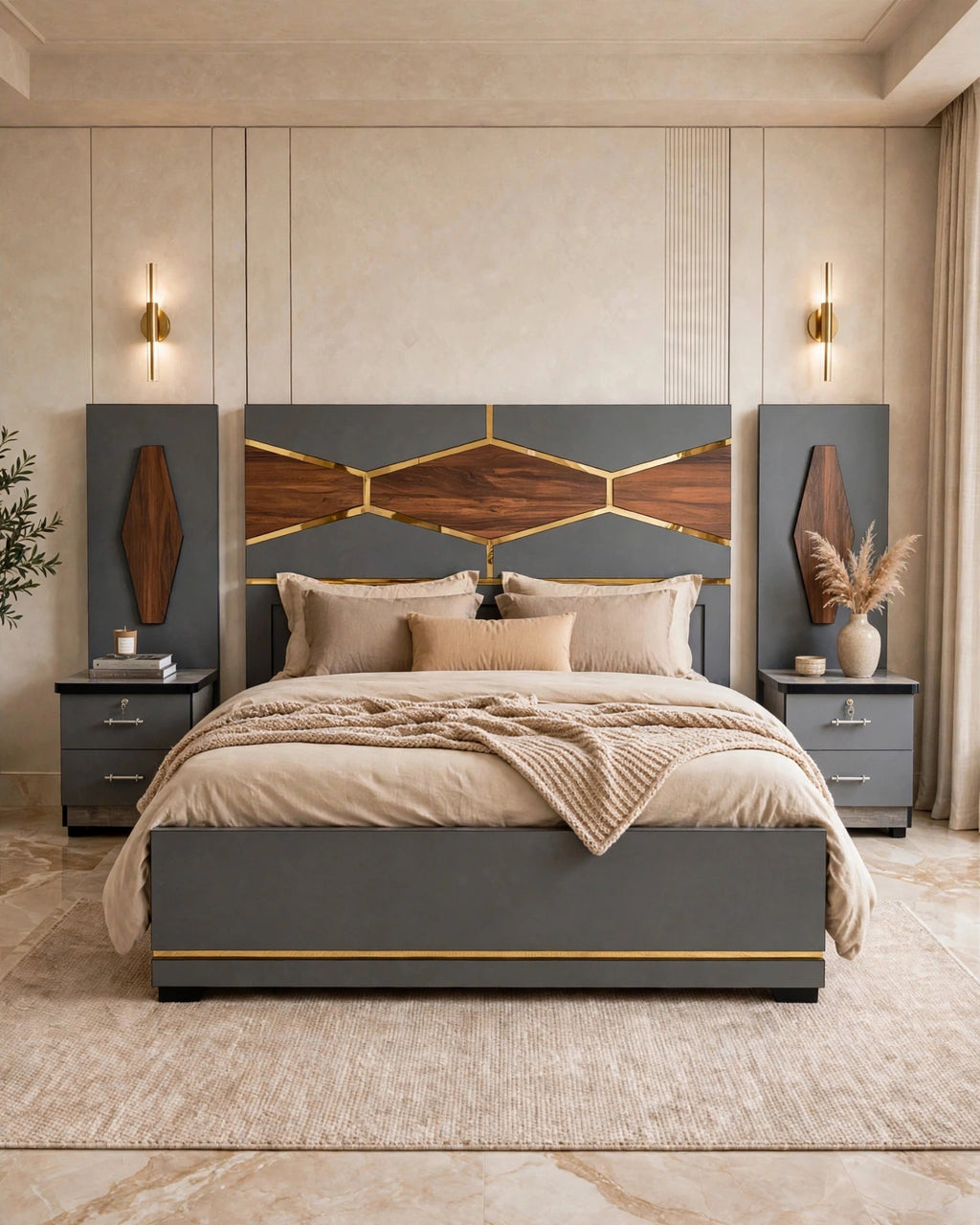 Grey Golden Wooden Hexa Luxury Bed Set | 5 Piece - High Gloss