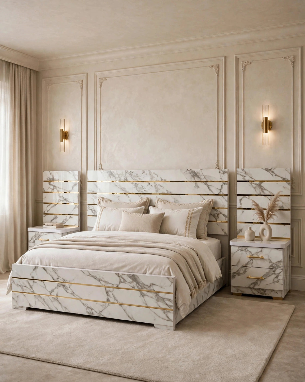White Marble Golden Strip Luxury Bed Set | 5 Piece - High Gloss