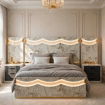 Skin Beige Golden Handle Luxury Bed Set | 5 Piece - High Gloss