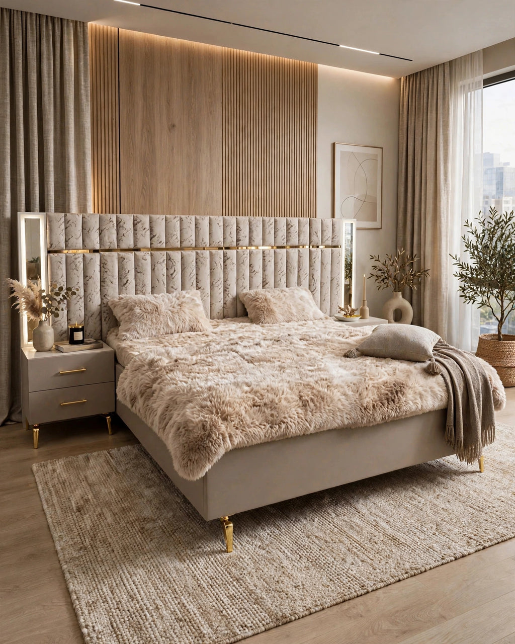 Taupe Beige Marble Golden Luxury Bed Set | 5 Piece - High Gloss