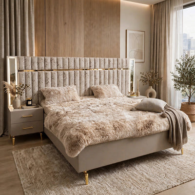 Taupe Beige Marble Golden Luxury Bed Set | 5 Piece - High Gloss