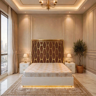 Brown Honeycomb Golden Luxury Bed Set | 5 Piece - High Gloss
