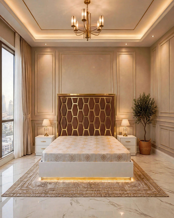 Brown Honeycomb Golden Luxury Bed Set | 5 Piece - High Gloss