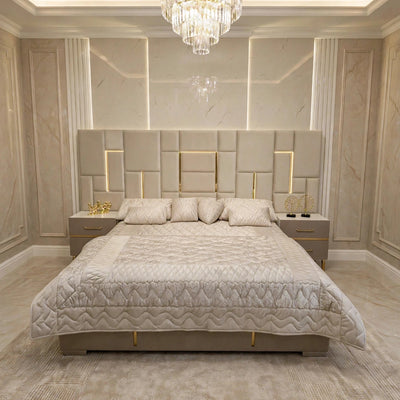 Beige Check Golden Luxury Bed Set | 5 Piece - High Gloss