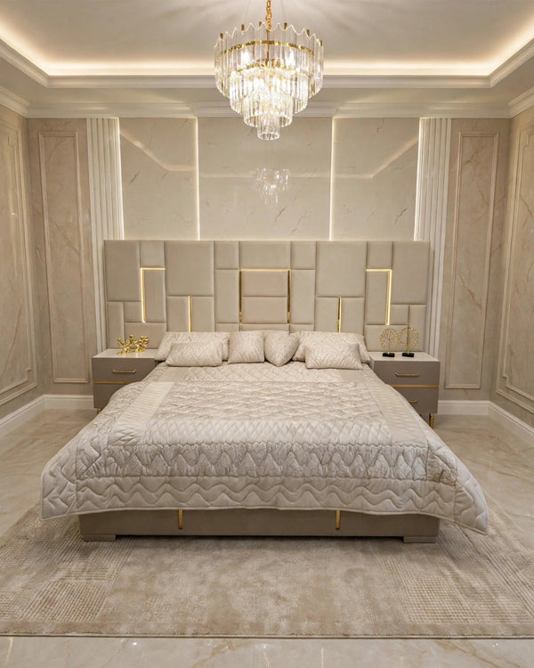 Beige Check Golden Luxury Bed Set | 5 Piece - High Gloss