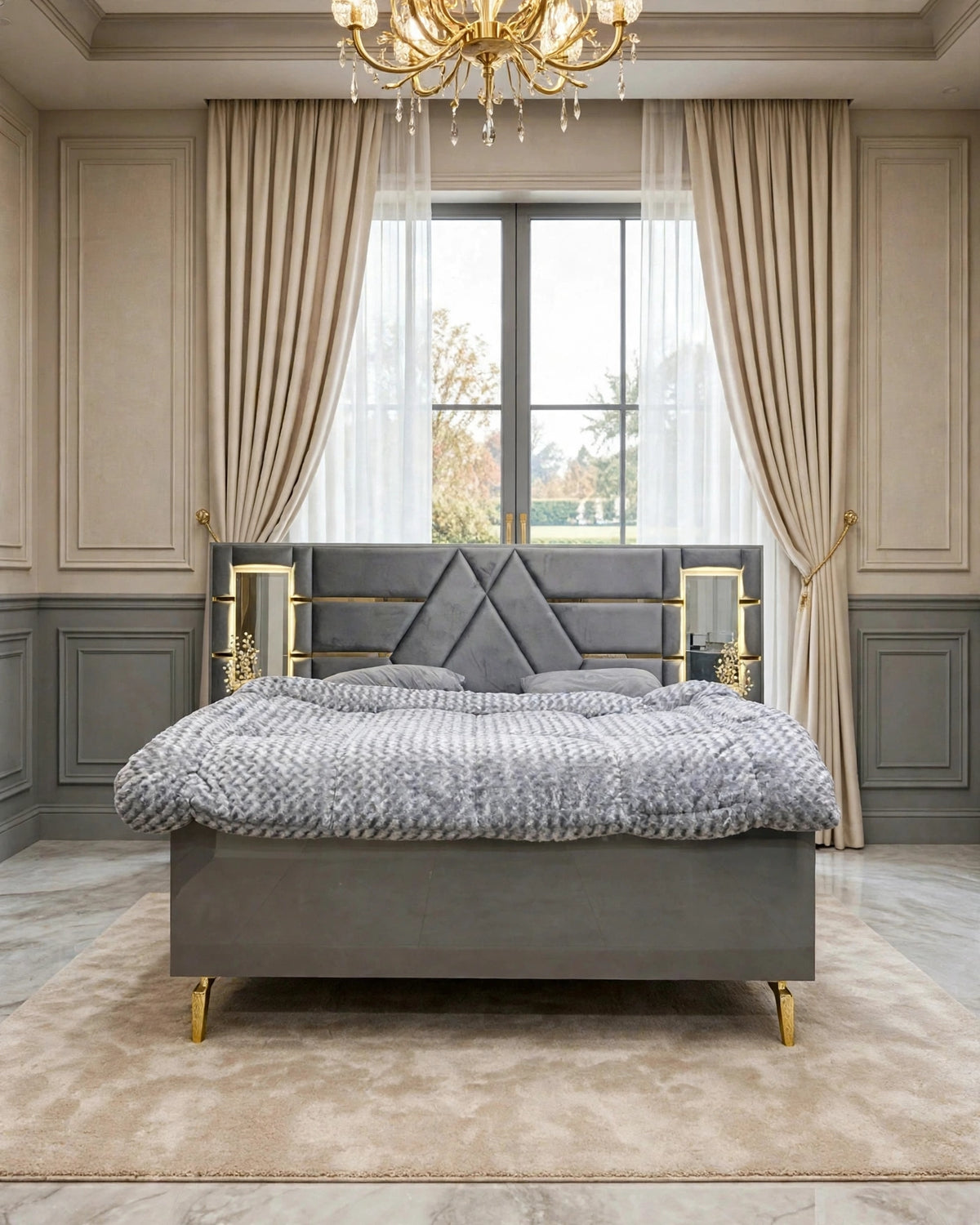Grey Diamond Mirror Golden Luxury Bed Set | 5 Piece - High Gloss