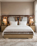 Beige Triangle Mirror Work Luxury King Size Bed Set | 5 Piece Set