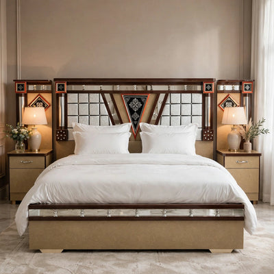 Beige Triangle Mirror Work Luxury King Size Bed Set | 5 Piece Set