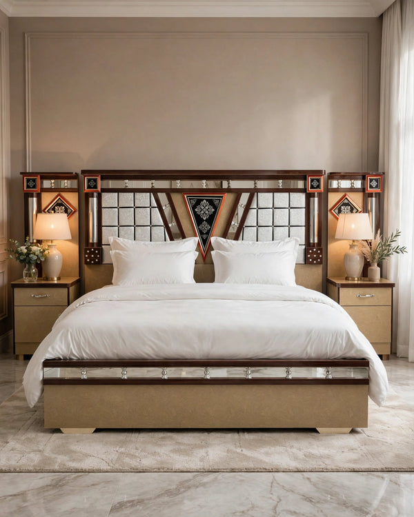 Beige Triangle Mirror Work Luxury King Size Bed Set | 5 Piece Set