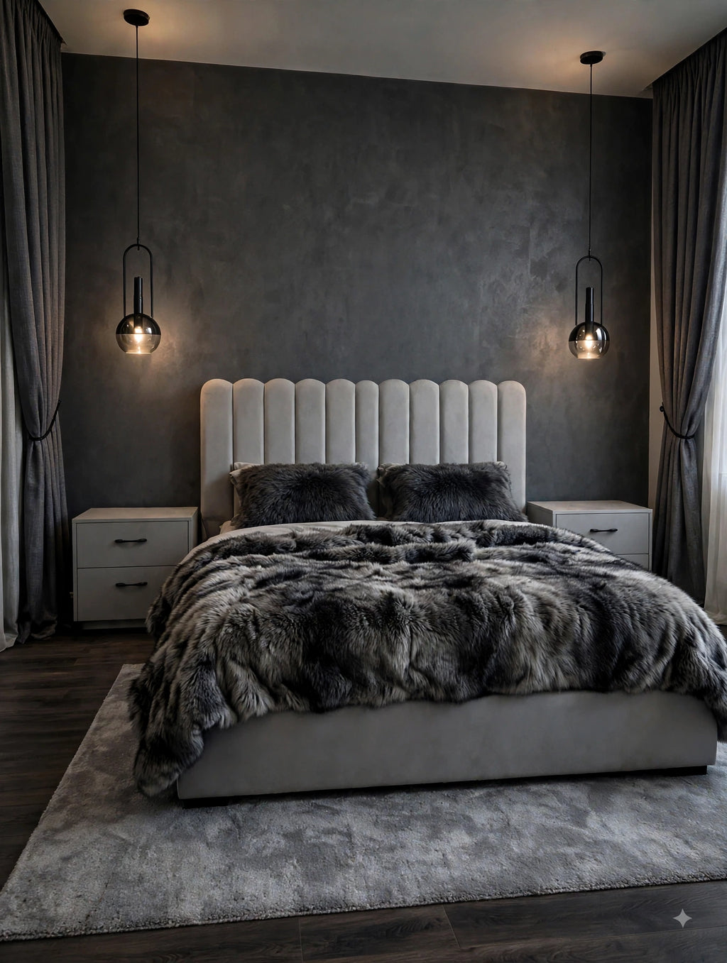 Light Grey Channel Velvet Luxury Bed Set | 5 Piece Set - Modern