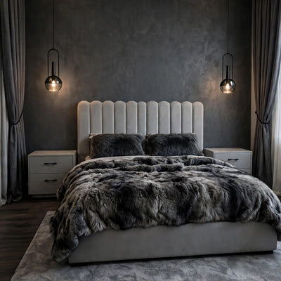 Light Grey Channel Velvet Luxury Bed Set | 5 Piece Set - Modern