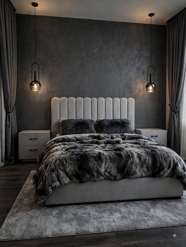 Light Grey Channel Velvet Luxury Bed Set | 5 Piece Set - Modern