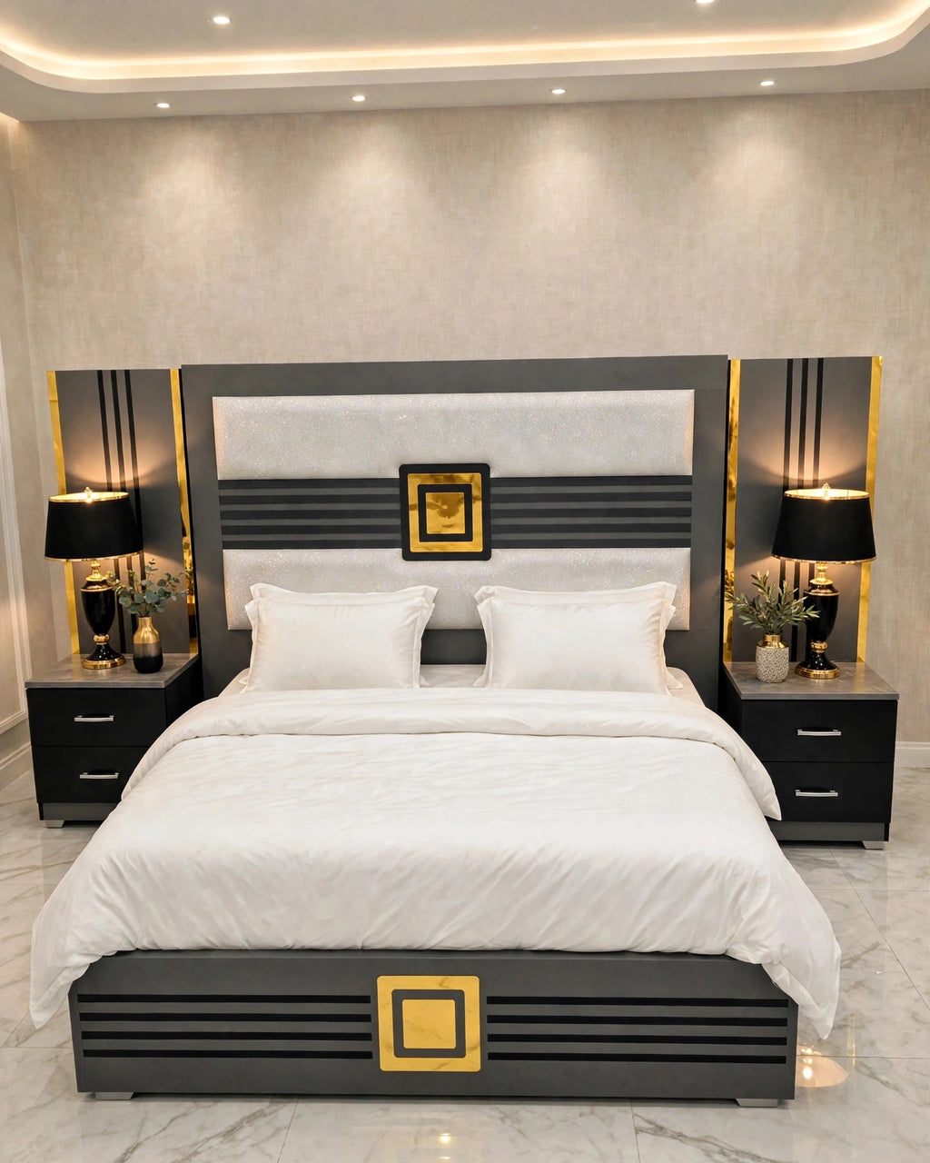 Grey Black Golden Square Luxury Bed Set | 5 Piece - High Gloss