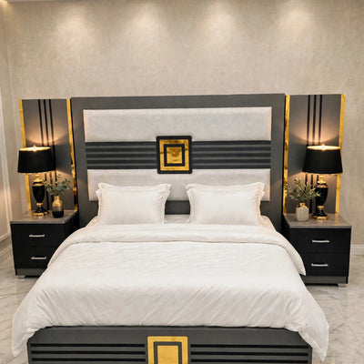 Grey Black Golden Square Luxury Bed Set | 5 Piece - High Gloss