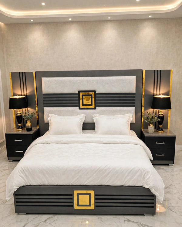 Grey Black Golden Square Luxury Bed Set | 5 Piece - High Gloss