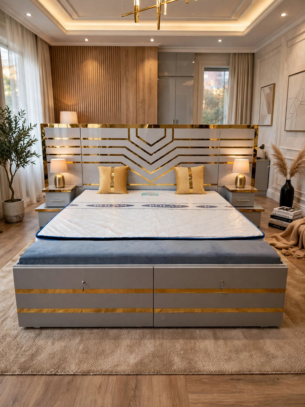 Light Grey V-Shape Gold Strip Bed Set With Storage Box | 5 Piece Set