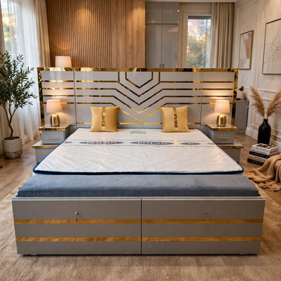 Light Grey V-Shape Gold Strip Bed Set With Storage Box | 5 Piece Set