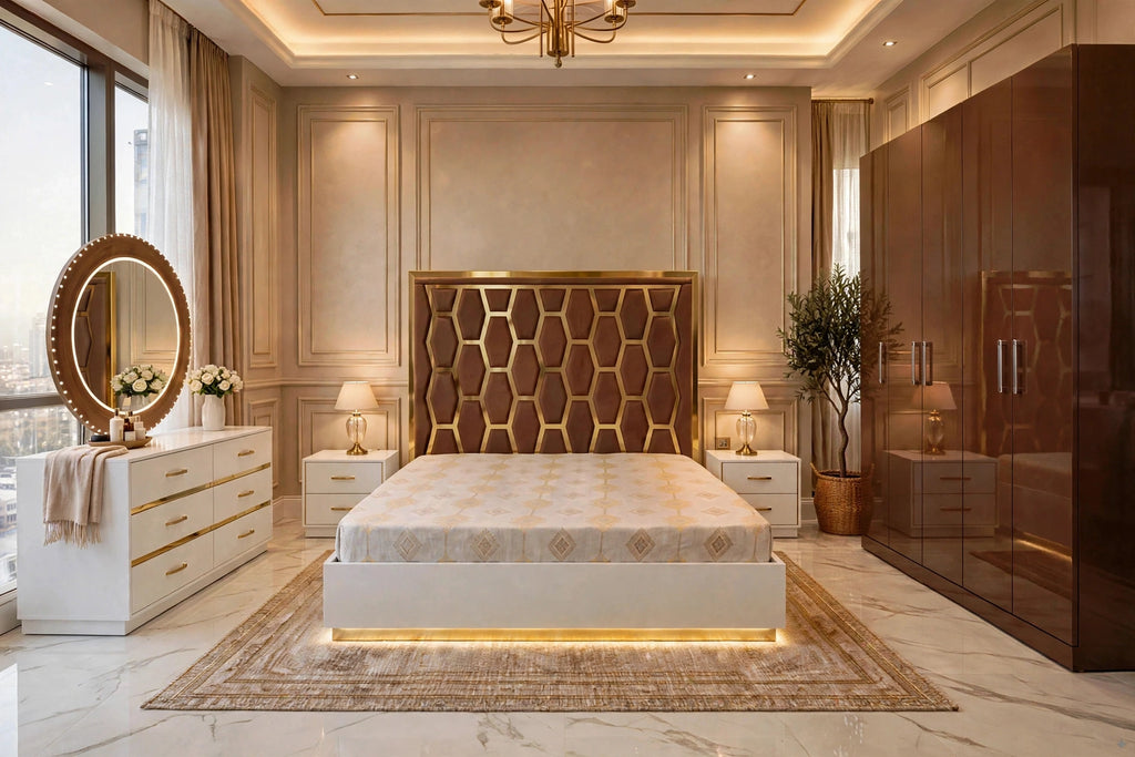 Brown Honeycomb Golden Luxury Bed Set | 5 Piece - High Gloss