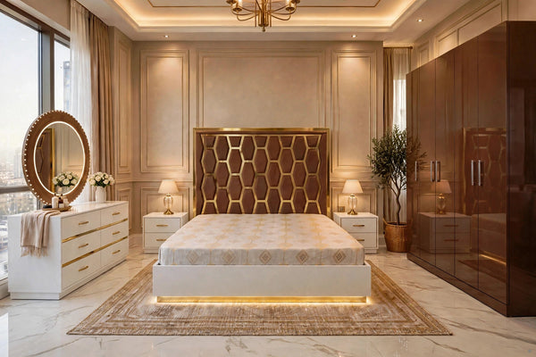 Brown Honeycomb Golden Luxury Bed Set | 5 Piece - High Gloss