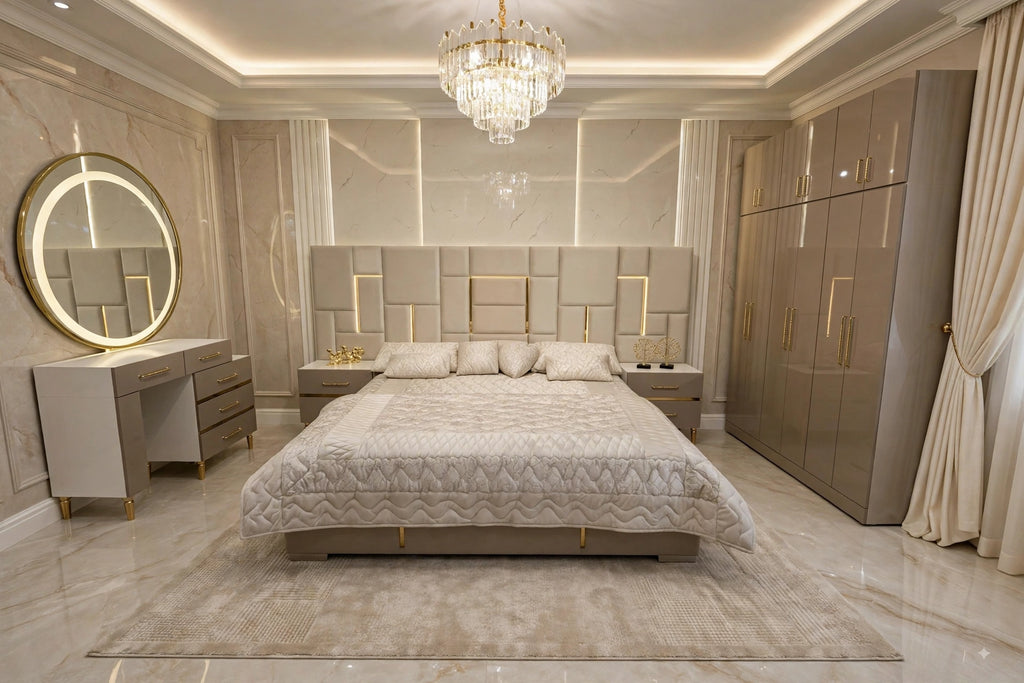 Beige Check Golden Luxury Bed Set | 5 Piece - High Gloss