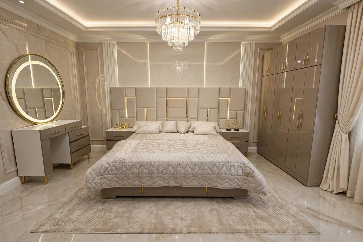 Beige Check Golden Luxury Bed Set | 5 Piece - High Gloss