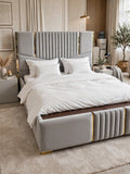 Light Grey Poshish Bed Set - Gold Strip Design | 5 Piece Luxury Set