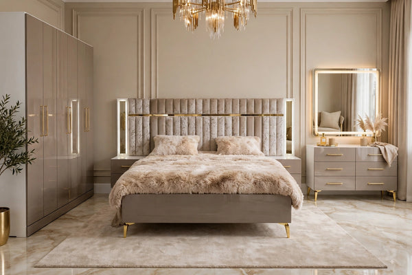 Taupe Beige Marble Golden Luxury Bed Set | 5 Piece - High Gloss