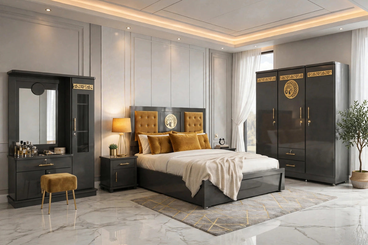 Dark Grey Mustard Velvet Luxury Bed Set | 5 Piece - High Gloss