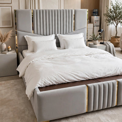 Light Grey Poshish Bed Set - Gold Strip Design | 5 Piece Luxury Set