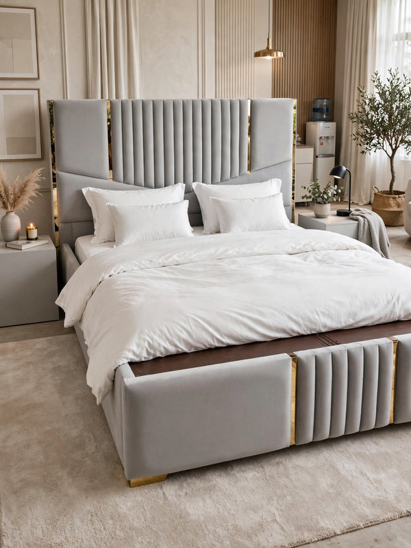 Light Grey Poshish Bed Set - Gold Strip Design | 5 Piece Luxury Set