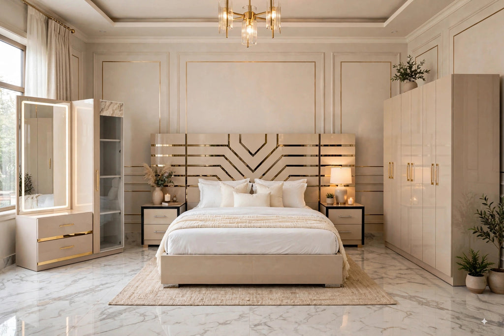 Beige V-Shape Gold Strip Bed Set | Luxury 5 Piece Bedroom Set