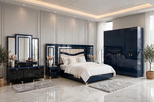 Navy Blue Mirror Work Luxury King Size Bed Set | 5 Piece Set - Modern Royal Design