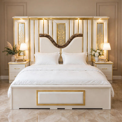 Off White Golden W-Curve Luxury Bed Set | 5 Piece Bedroom Set