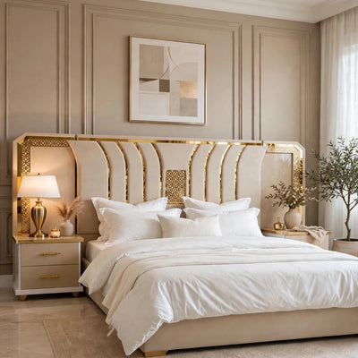 Cream Beige Arch Design Luxury Bed Set | 5 Piece Bedroom Set