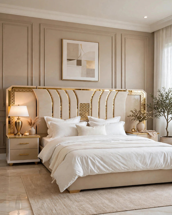 Cream Beige Arch Design Luxury Bed Set | 5 Piece Bedroom Set