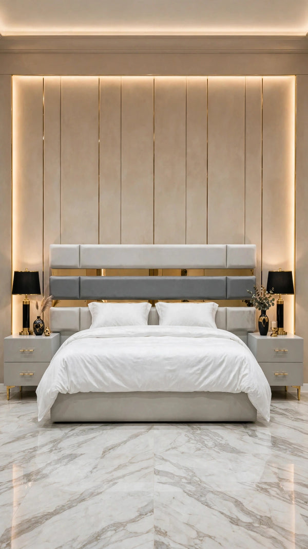 Light Grey Golden Mirror Luxury Bed Set | 5 Piece Set - High Gloss