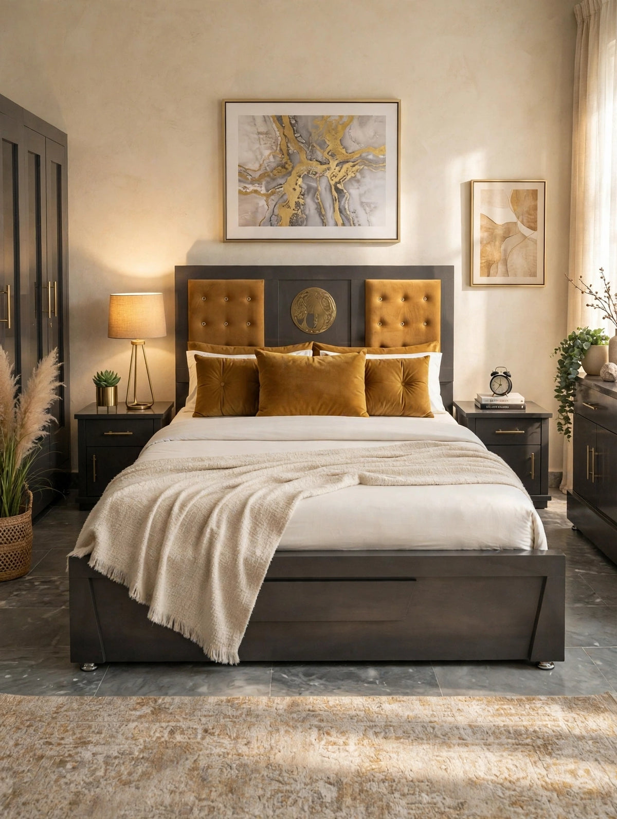 Dark Grey Mustard Velvet Luxury Bed Set | 5 Piece - High Gloss