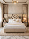 Beige V-Shape Gold Strip Bed Set | Luxury 5 Piece Bedroom Set