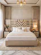 Beige V-Shape Gold Strip Bed Set | Luxury 5 Piece Bedroom Set