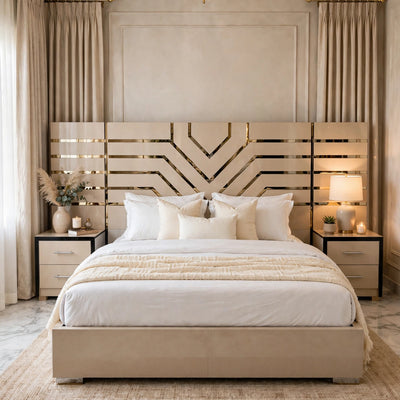 Beige V-Shape Gold Strip Bed Set | Luxury 5 Piece Bedroom Set
