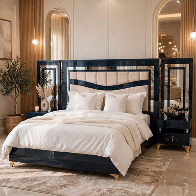 Navy Blue Mirror Work Luxury King Size Bed Set | 5 Piece Set - Modern Royal Design