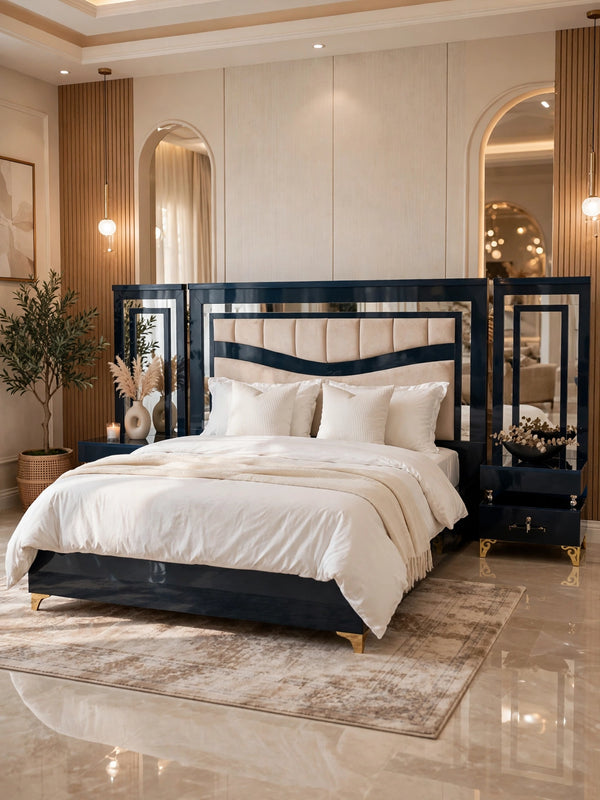 Navy Blue Mirror Work Luxury King Size Bed Set | 5 Piece Set - Modern Royal Design