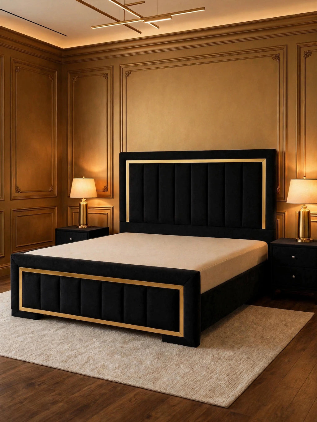 Black Velvet Gold Border Luxury Bed Set | 5 Piece Bedroom Set