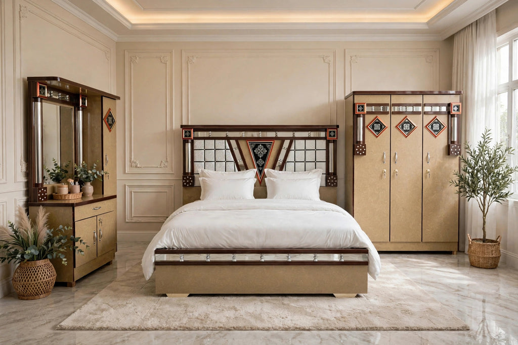 Beige Triangle Mirror Work Luxury King Size Bed Set | 5 Piece Set