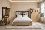 Beige Triangle Mirror Work Luxury King Size Bed Set | 5 Piece Set