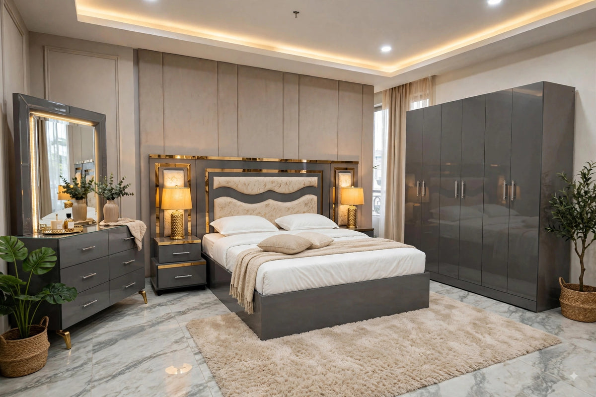 Dark Grey W-Curve Golden Luxury Bed Set | 5 Piece Set - High Gloss