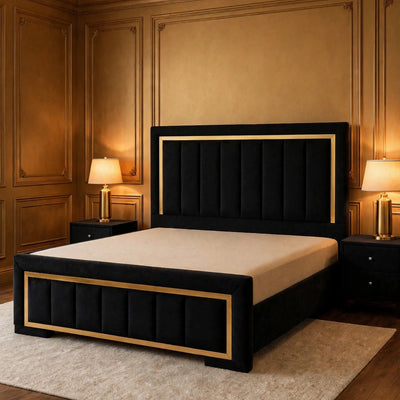 Black Velvet Gold Border Luxury Bed Set | 5 Piece Bedroom Set