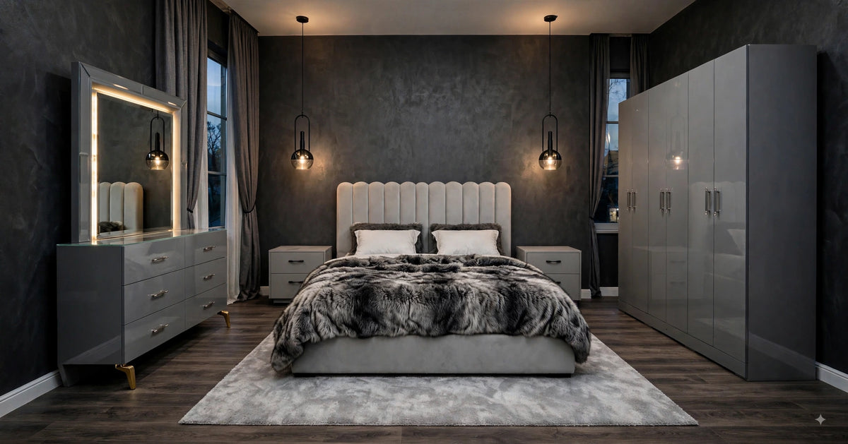 Light Grey Channel Velvet Luxury Bed Set | 5 Piece Set - Modern