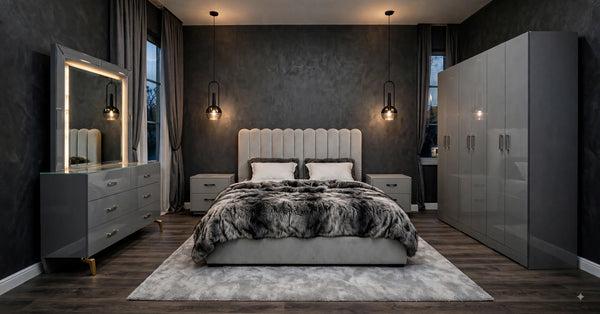 Light Grey Channel Velvet Luxury Bed Set | 5 Piece Set - Modern